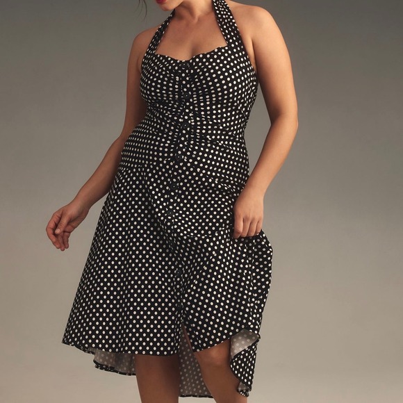 Maeve Dresses & Skirts - Anthropologie Maeve Halter Polka Dot Ruched Midi Dress High Low Fit & Flare 18W